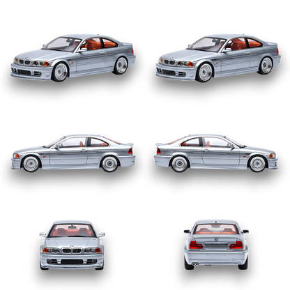 Diecast BMW E46 Alpina B3 model in Titan Silver, 1:64 scale, showcasing detailed features and sleek design from Lot57Supplies.