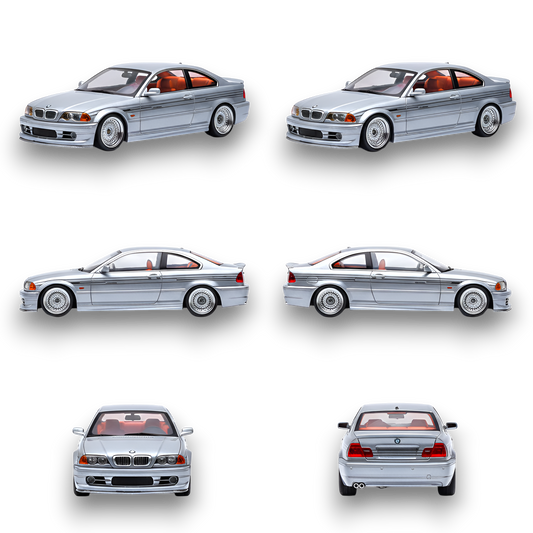 Diecast BMW E46 Alpina B3 model in Titan Silver, 1:64 scale, showcasing detailed features and sleek design from Lot57Supplies.