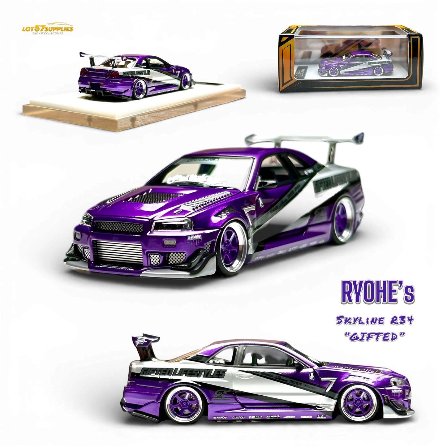 Nissan Skyline R34 "GIFTED" resin diecast model by 404ERROR x LOT 57 RYOHE, detailed 1:64 scale collectible car image