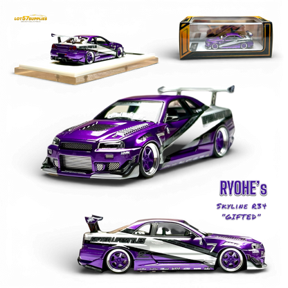 Nissan Skyline R34 "GIFTED" resin diecast model by 404ERROR x LOT 57 RYOHE, detailed 1:64 scale collectible car image