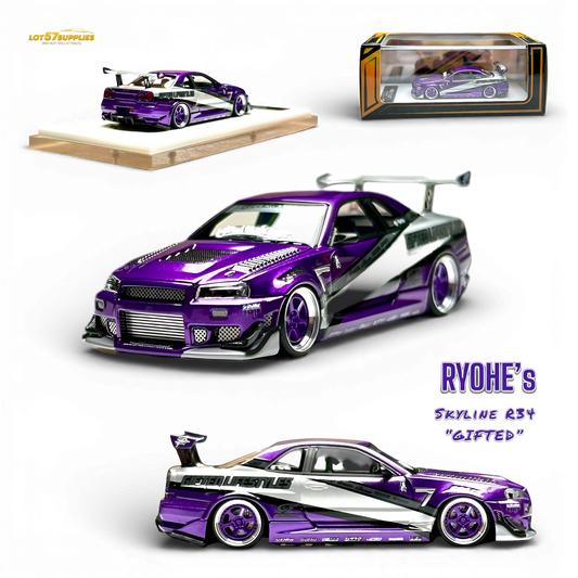 Nissan Skyline R34 "GIFTED" resin diecast model by 404ERROR x LOT 57 RYOHE, detailed 1:64 scale collectible car image