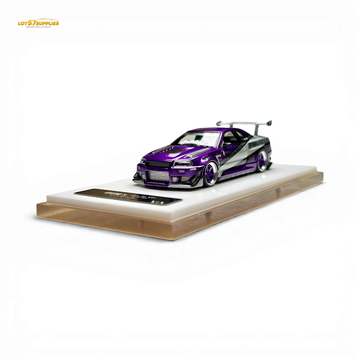 Nissan Skyline R34 "GIFTED" resin diecast model by 404ERROR x LOT 57 RYOHE, 1:64 scale, detailed miniature car.