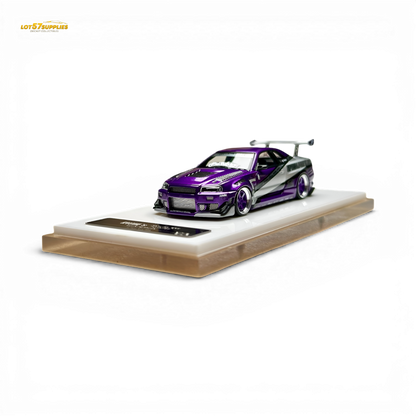 Nissan Skyline R34 "GIFTED" resin diecast model by 404ERROR x LOT 57 RYOHE, 1:64 scale, detailed miniature car.
