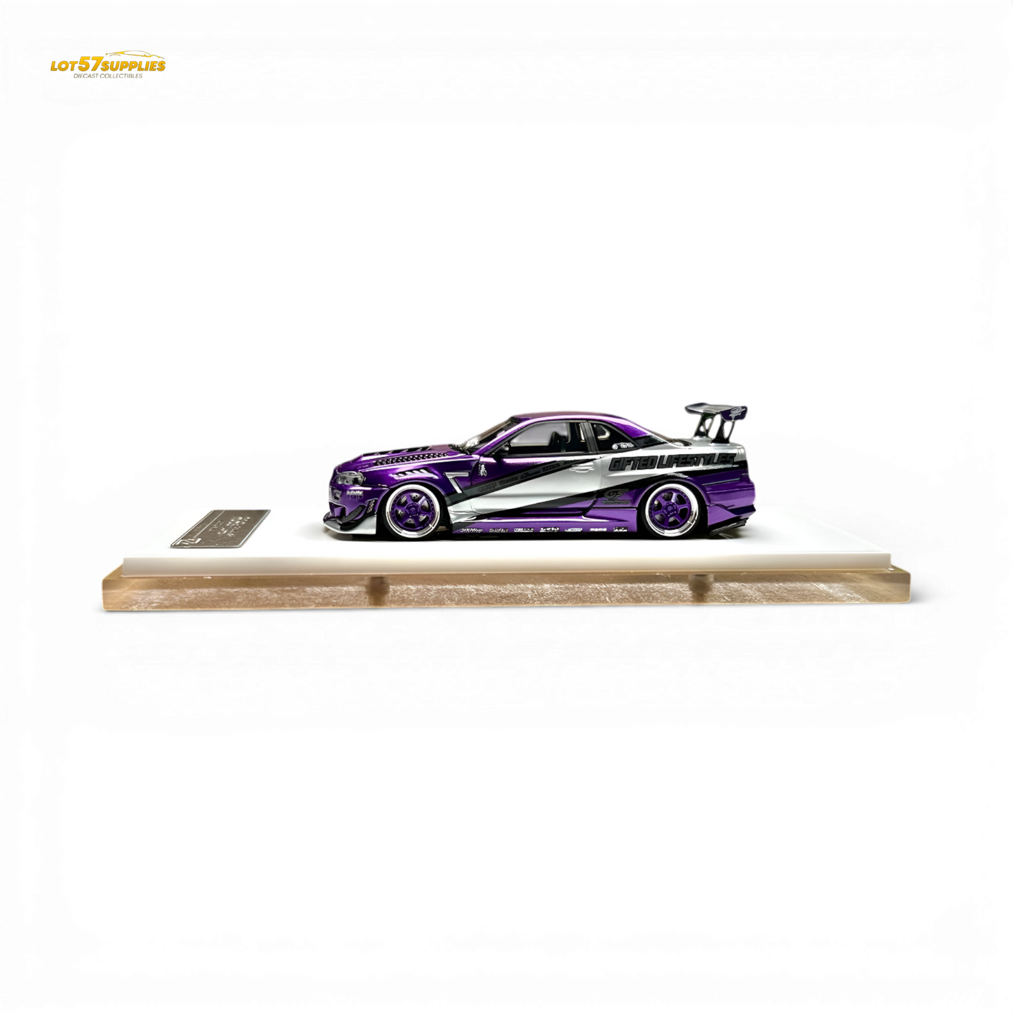 Nissan Skyline R34 "GIFTED" resin diecast model by 404ERROR x LOT 57, 1:64 scale, detailed miniature car in black and silver.