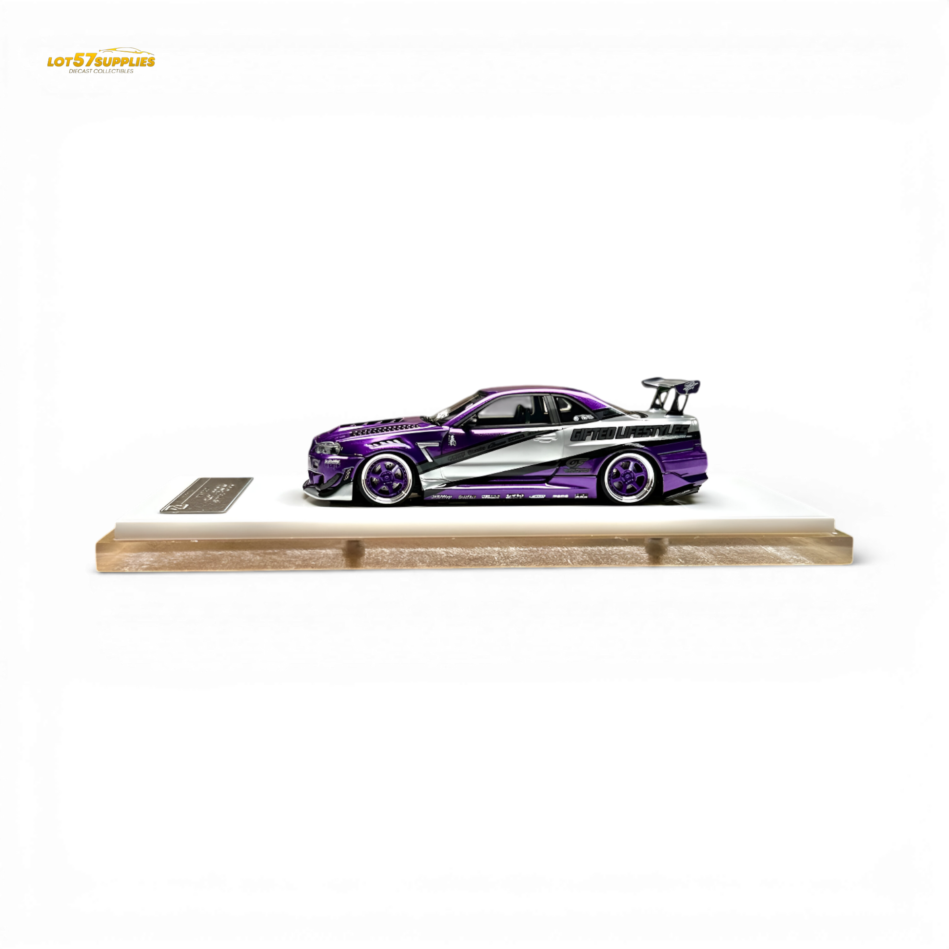 Nissan Skyline R34 "GIFTED" resin diecast model by 404ERROR x LOT 57, 1:64 scale, detailed miniature car in black and silver.