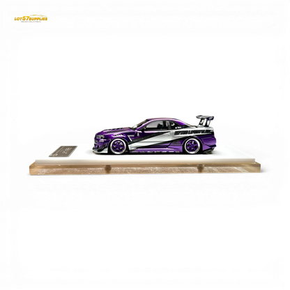 Nissan Skyline R34 "GIFTED" resin diecast model by 404ERROR x LOT 57, 1:64 scale, detailed miniature car in black and silver.