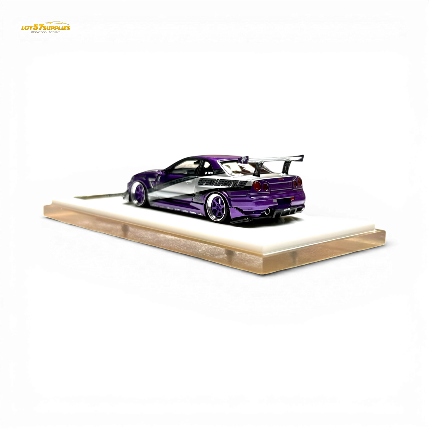 Nissan Skyline R34 "GIFTED" resin diecast model by 404ERROR x LOT 57 in 1:64 scale, detailed miniature car with vibrant paint.