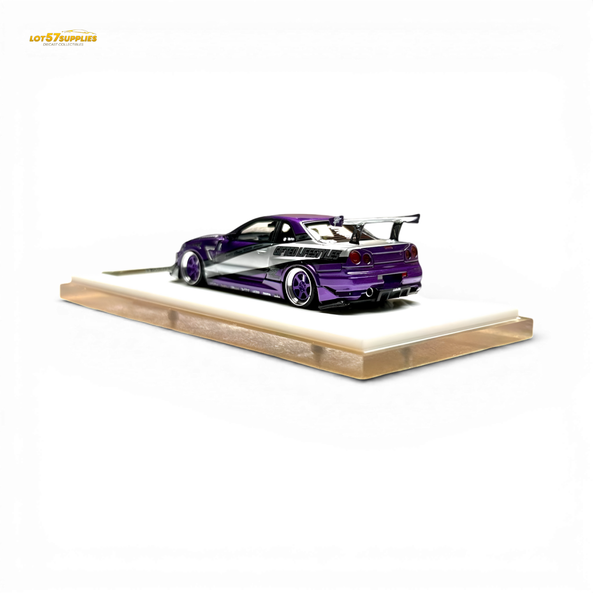 Nissan Skyline R34 "GIFTED" resin diecast model by 404ERROR x LOT 57 in 1:64 scale, detailed miniature car with vibrant paint.