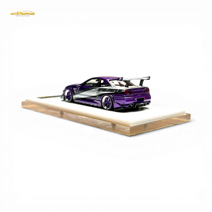 Nissan Skyline R34 "GIFTED" resin diecast model by 404ERROR x LOT 57 in 1:64 scale, detailed miniature car with vibrant paint.