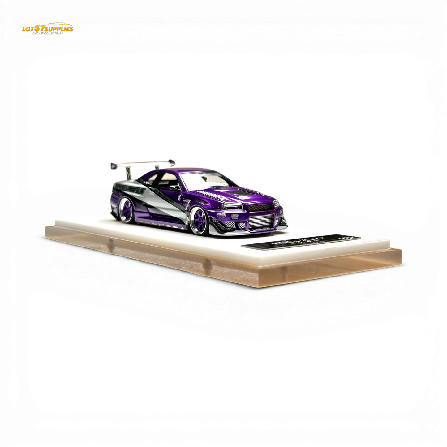 Nissan Skyline R34 "GIFTED" diecast resin model by 404ERROR x LOT 57 RYOHE, 1:64 scale, detailed miniature car image.
