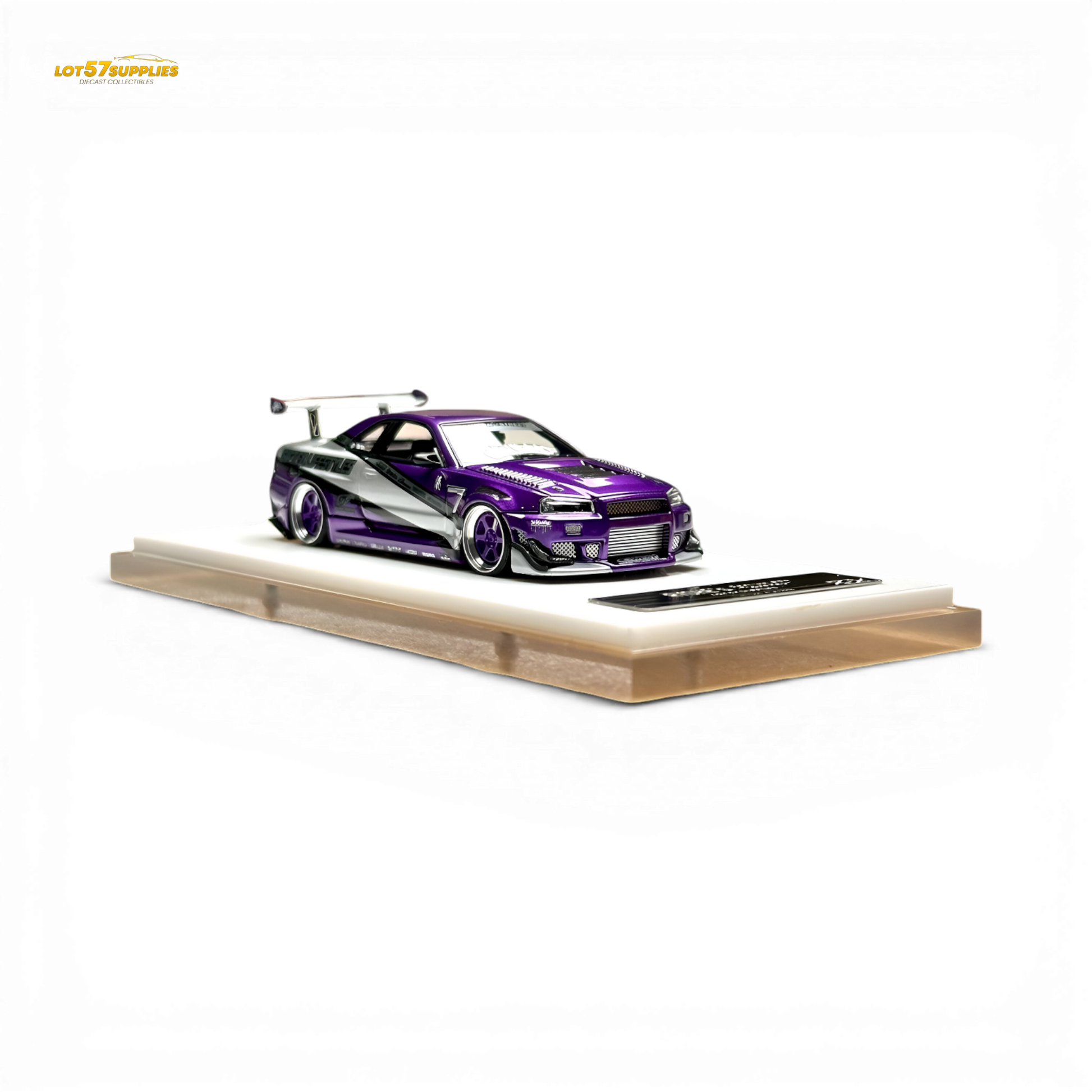Nissan Skyline R34 "GIFTED" diecast resin model by 404ERROR x LOT 57 RYOHE, 1:64 scale, detailed miniature car image.