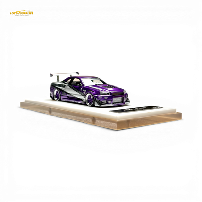 Nissan Skyline R34 "GIFTED" diecast resin model by 404ERROR x LOT 57 RYOHE, 1:64 scale, detailed miniature car image.