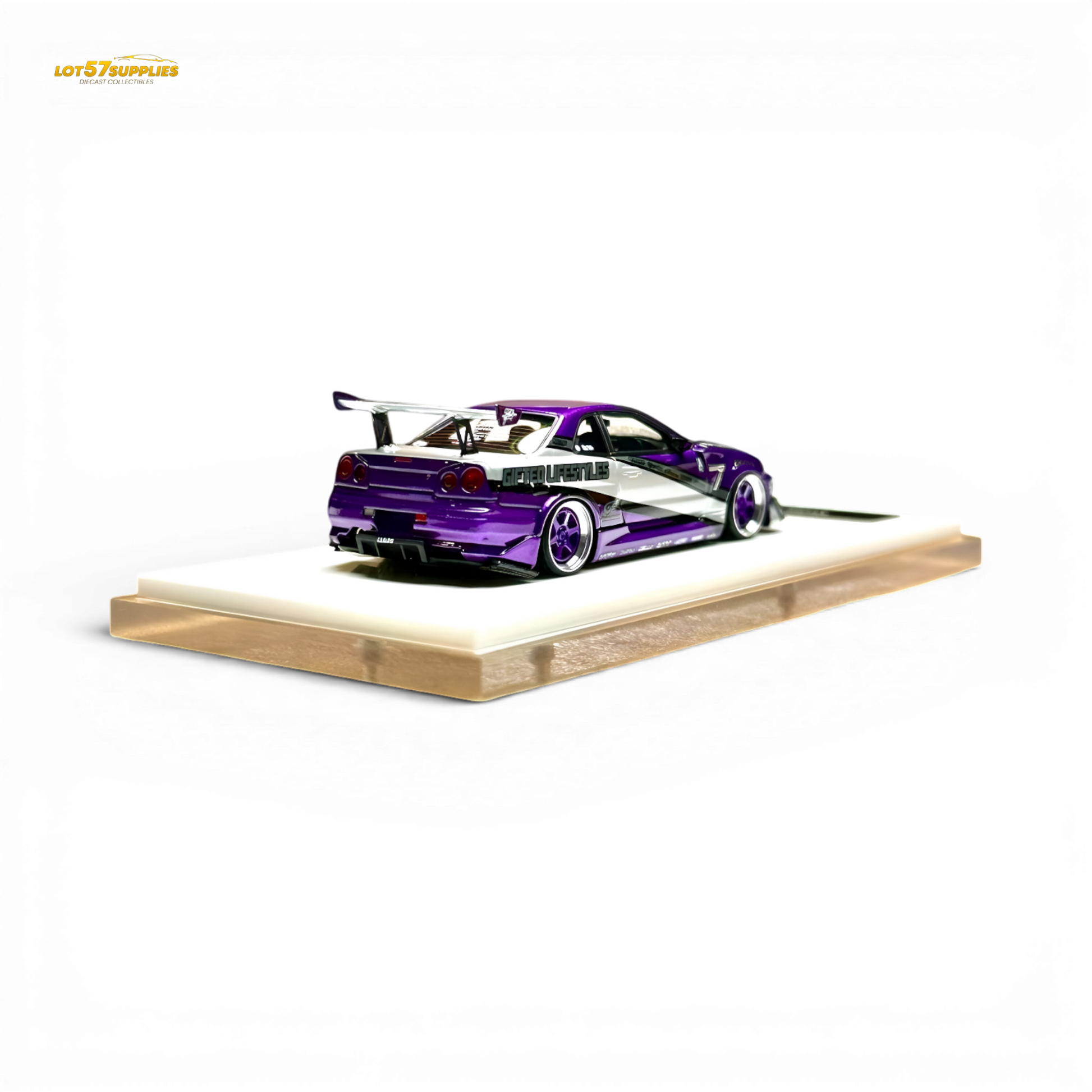 Nissan Skyline R34 "GIFTED" diecast resin model by 404ERROR x LOT 57 RYOHE, detailed 1:64 scale collectible.