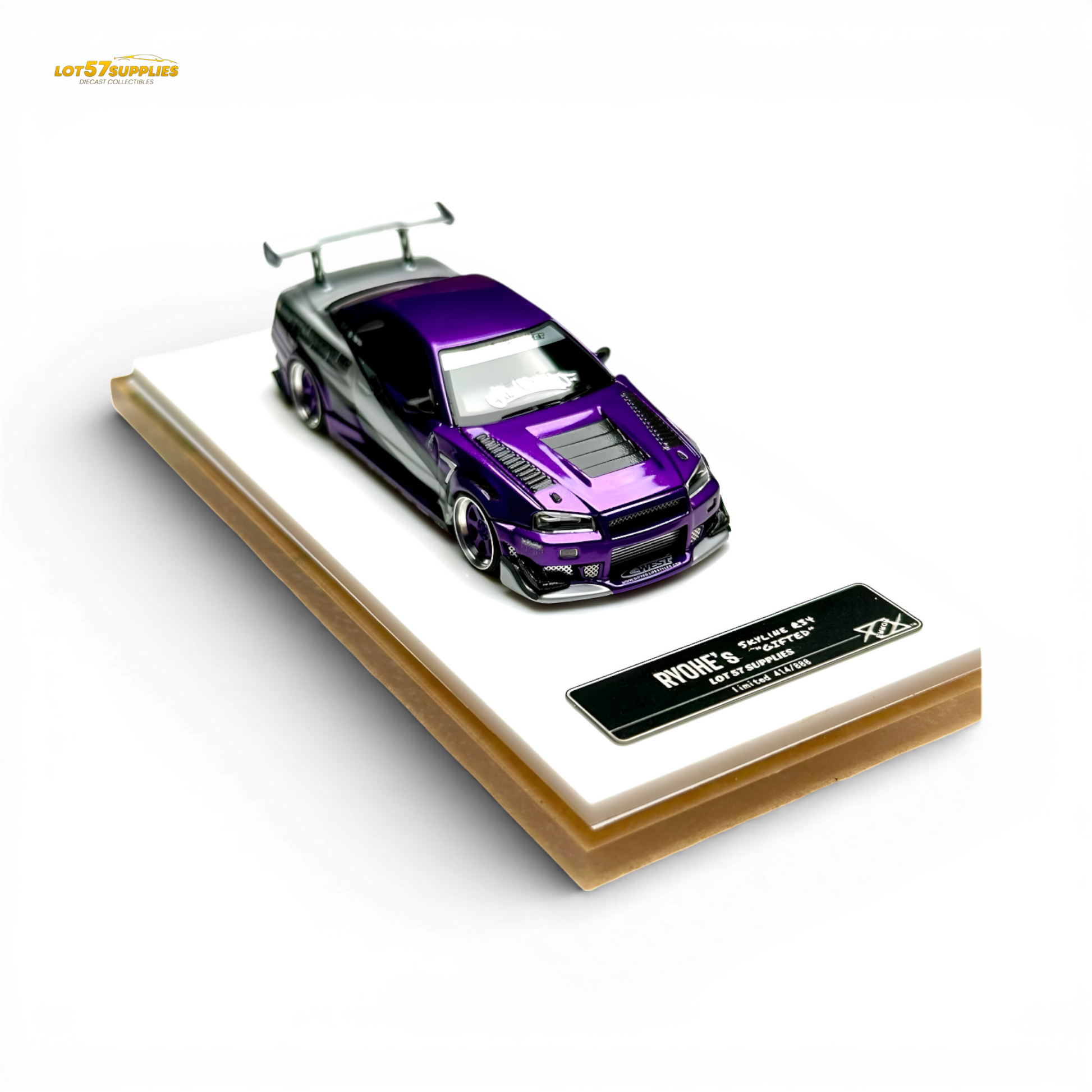 Nissan Skyline R34 diecast model by 404ERROR x LOT 57 RYOHE, resin 1:64 scale, detailed car collectible with "GIFTED" design.