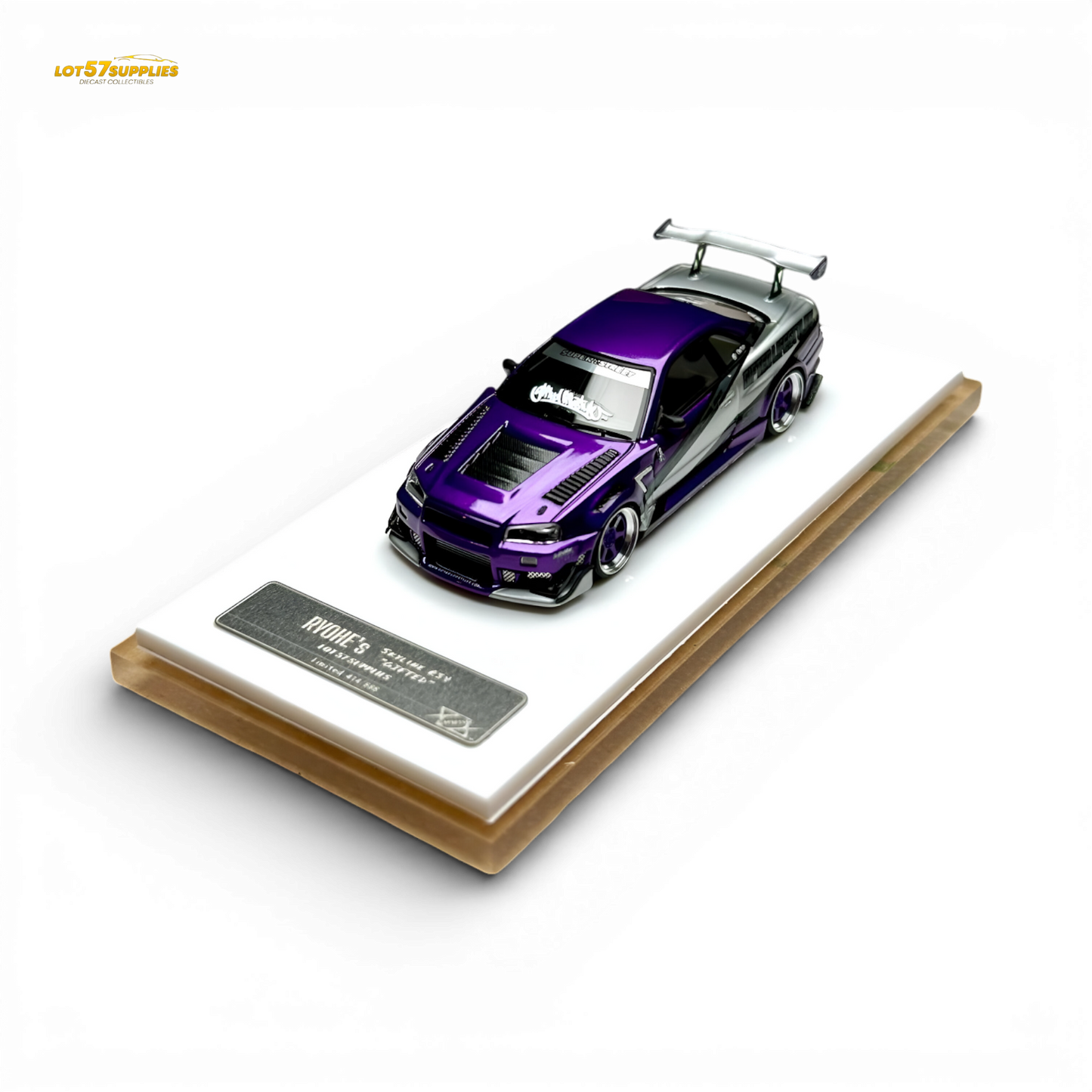 Nissan Skyline R34 diecast model by 404ERROR x LOT 57 RYOHE, resin 1:64 scale, featuring detailed design and branding.