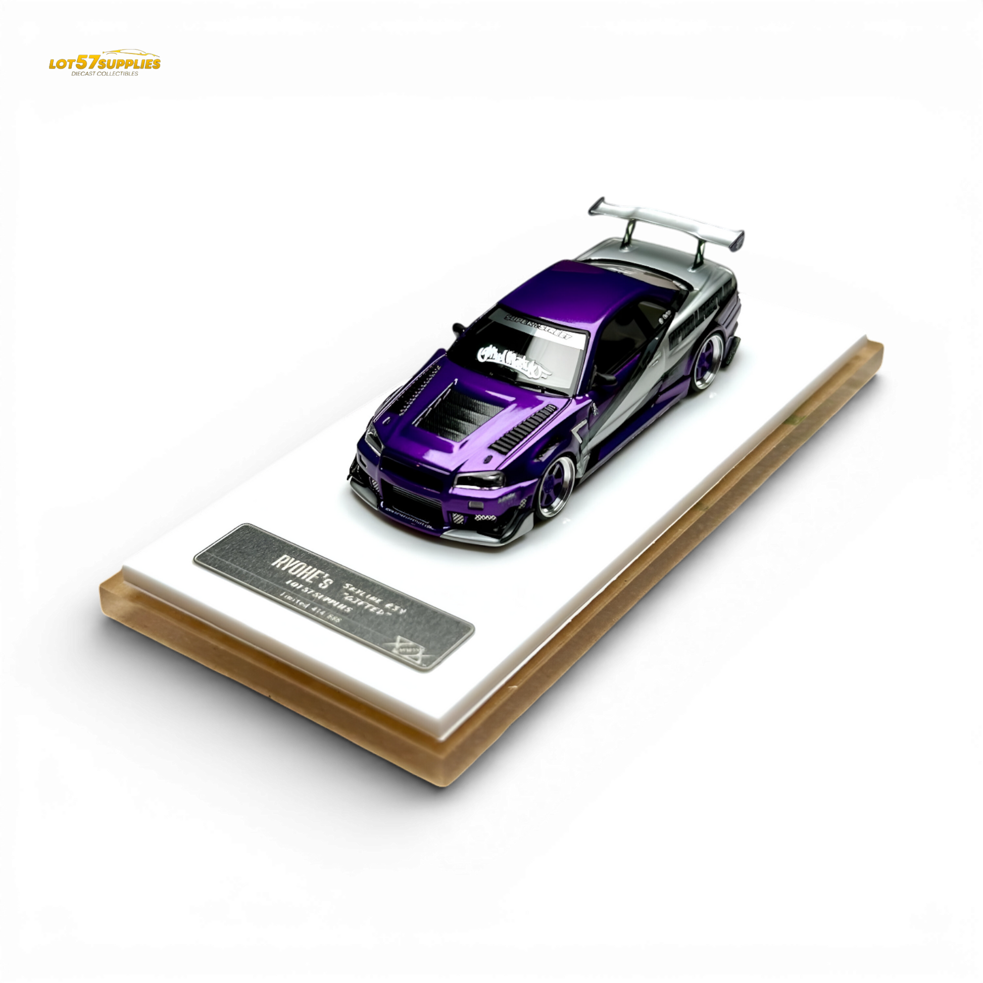 Nissan Skyline R34 diecast model by 404ERROR x LOT 57 RYOHE, resin 1:64 scale, featuring detailed design and branding.
