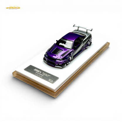 Nissan Skyline R34 diecast model by 404ERROR x LOT 57 RYOHE, resin 1:64 scale, featuring detailed design and branding.