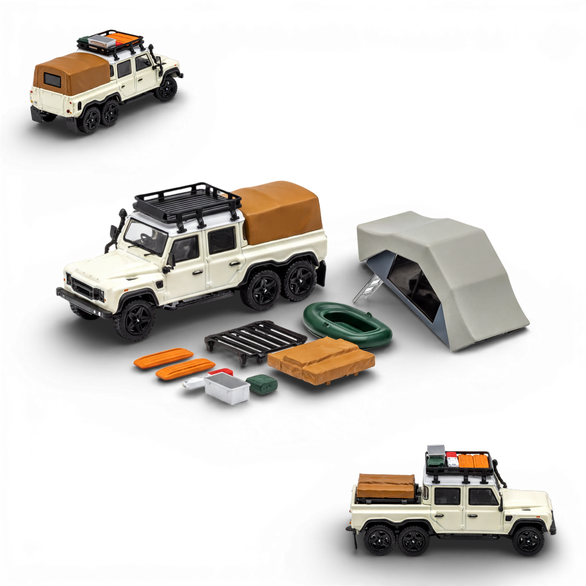 Diecast Land Rover Defender 6x6 off-white camping model toy by Lot57Supplies, detailed 1:64 scale vehicle with off-road features