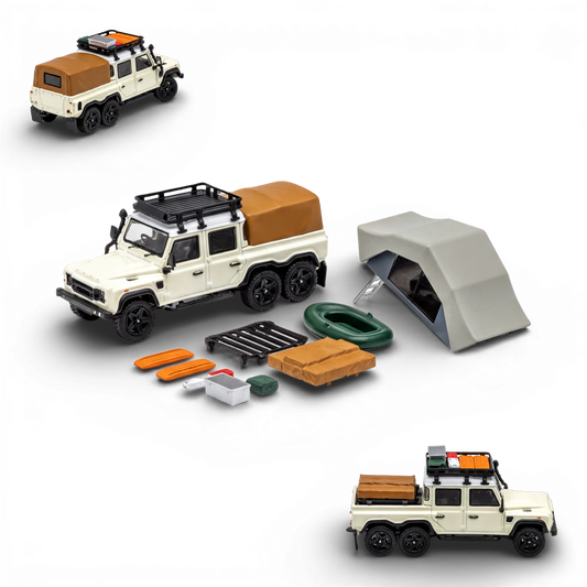 Diecast Land Rover Defender 6x6 off-white camping model toy by Lot57Supplies, detailed 1:64 scale vehicle with off-road features