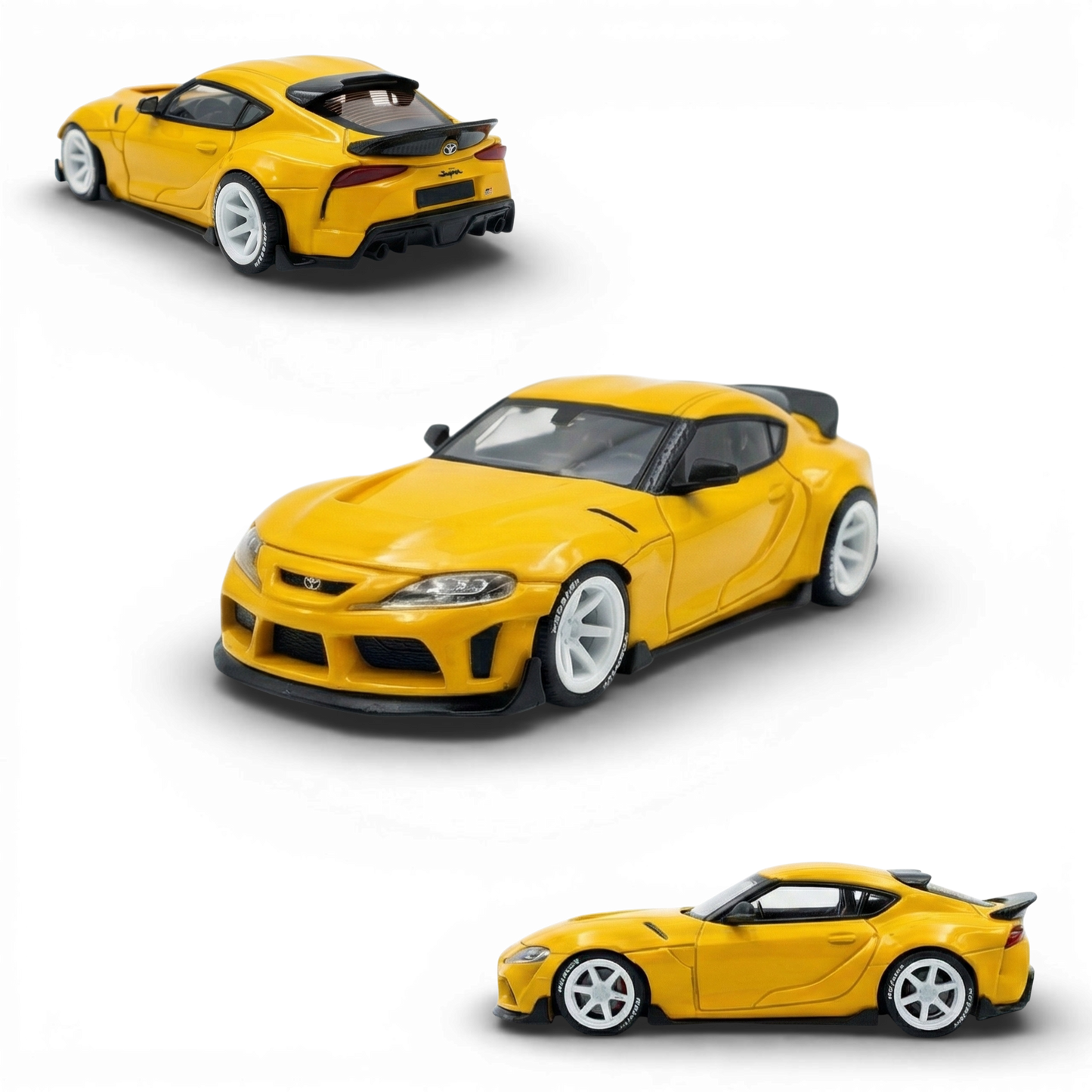 Yellow 1:64 scale Toyota Supra GR diecast model by Lot57Supplies Diecast Shop, detailed and realistic toy car.