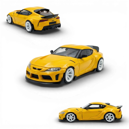 Yellow 1:64 scale Toyota Supra GR diecast model by Lot57Supplies Diecast Shop, detailed and realistic toy car.