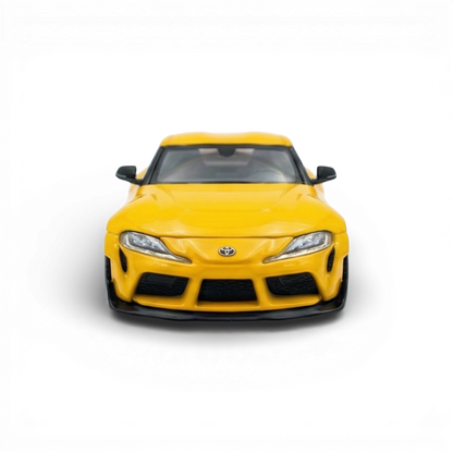 Yellow 1:64 scale Toyota Supra GR diecast model from Lot57Supplies Diecast Shop, detailed toy car with realistic features.
