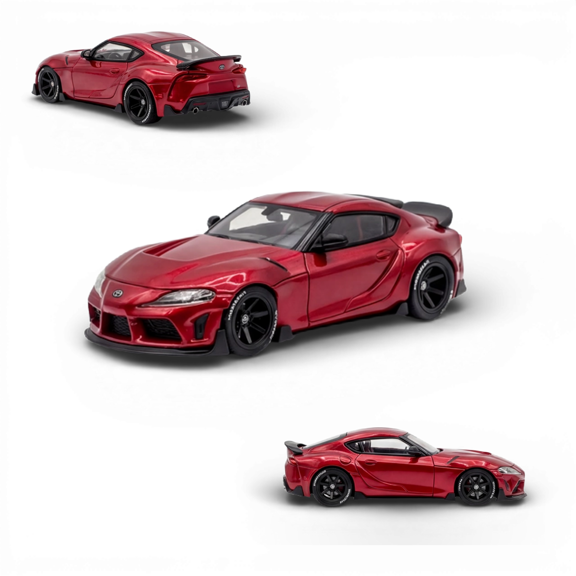 Red metallic 1:64 scale Toyota Supra GR diecast model by Lot57Supplies Diecast Shop, detailed toy car with realistic features.
