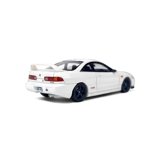 White Honda Integra DC2 diecast model in 1:64 scale by Lot57Supplies, detailed resin replica of classic Honda car.