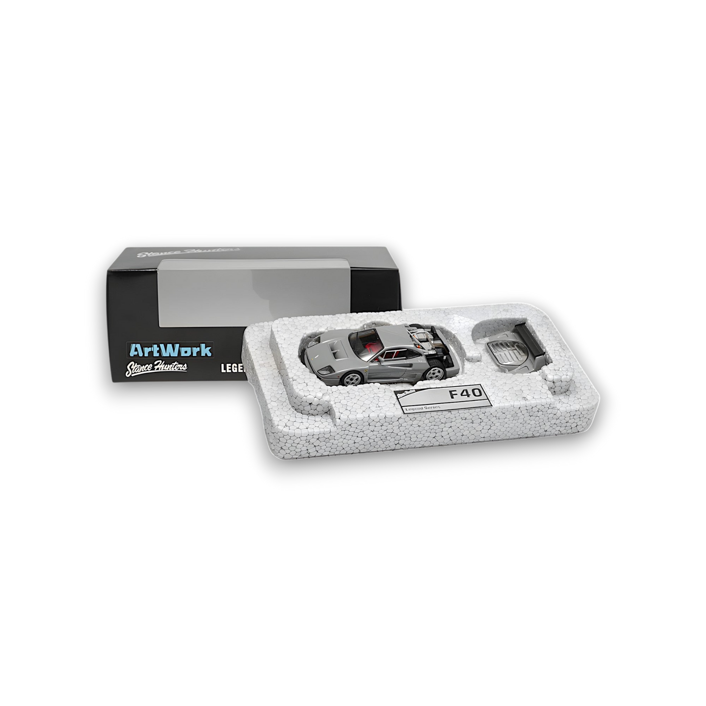 Chalk grey Ferrari F40 LM diecast model by Stance Hunters, 1:64 scale, detailed collectible car.