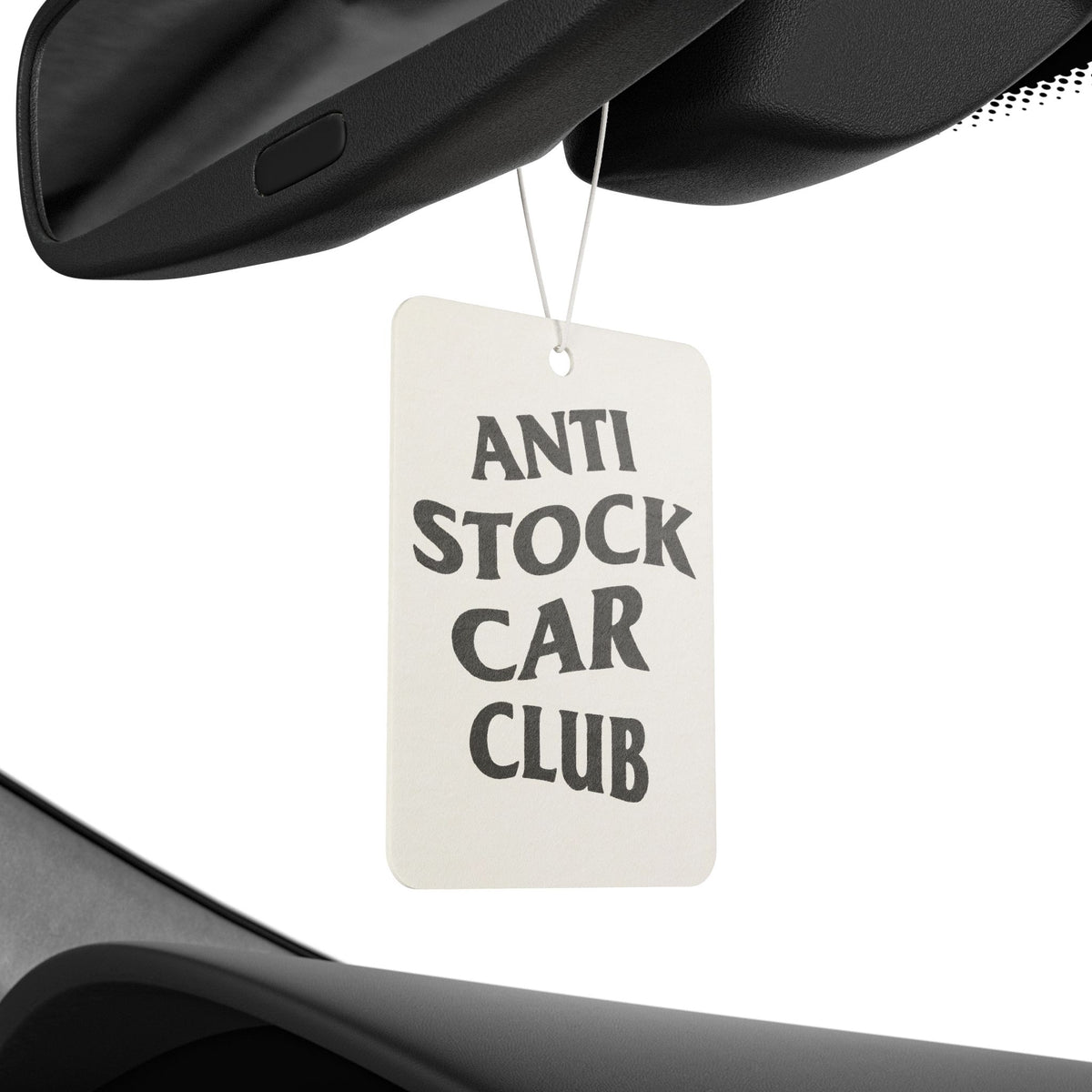 Anti Stock Car Club air freshener accessory by Printify featuring a sleek design and branding for automotive enthusiasts.