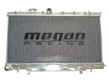 Megan Racing 2-Row Aluminum Radiator for 2002-2007 Subaru WRX/STI, high-performance aftermarket radiator with aluminum core.