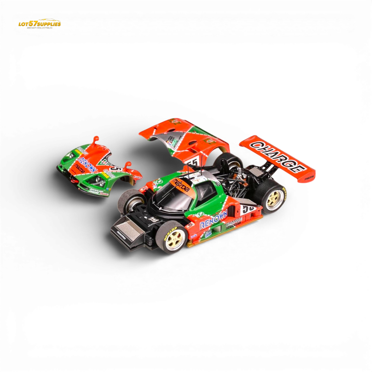 Mazda 787b #55 Le Mans diecast model by Lot57Supplies, detailed 1:64 scale Mazda race car with vibrant colors and realistic design.