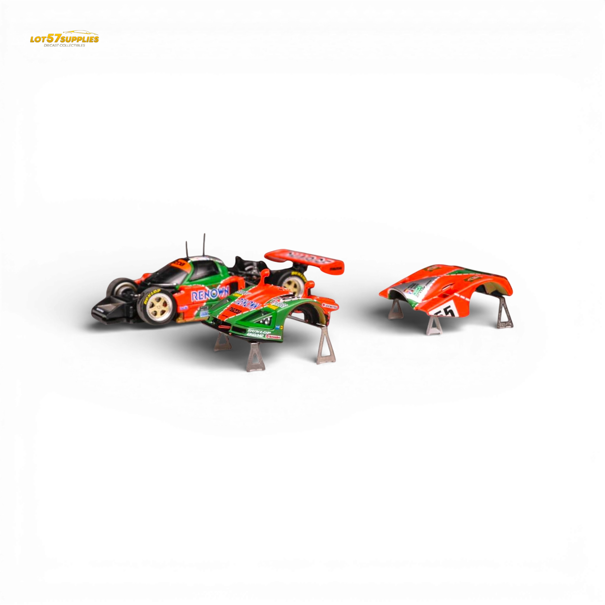 Diecast Mazda 787b #55 Le Mans race car in 1:64 scale by Lot57Supplies Diecast Shop, detailed model with vibrant colors.
