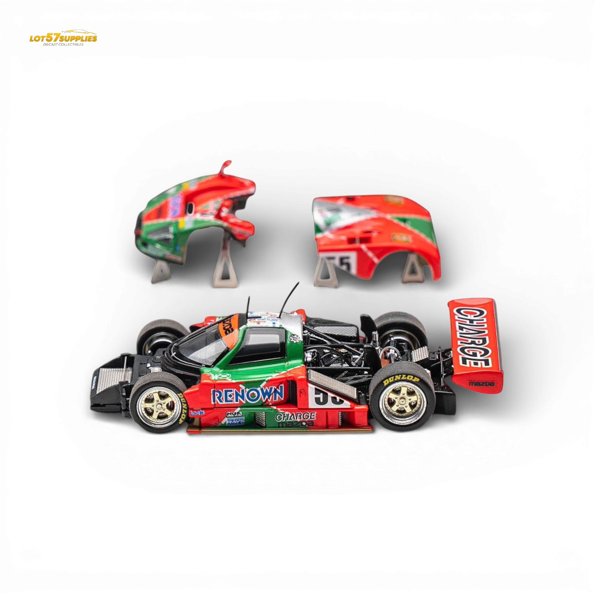 Mazda 787B #55 Le Mans diecast car by Lot57Supplies Diecast Shop, 1:64 scale, detailed model with racing livery.