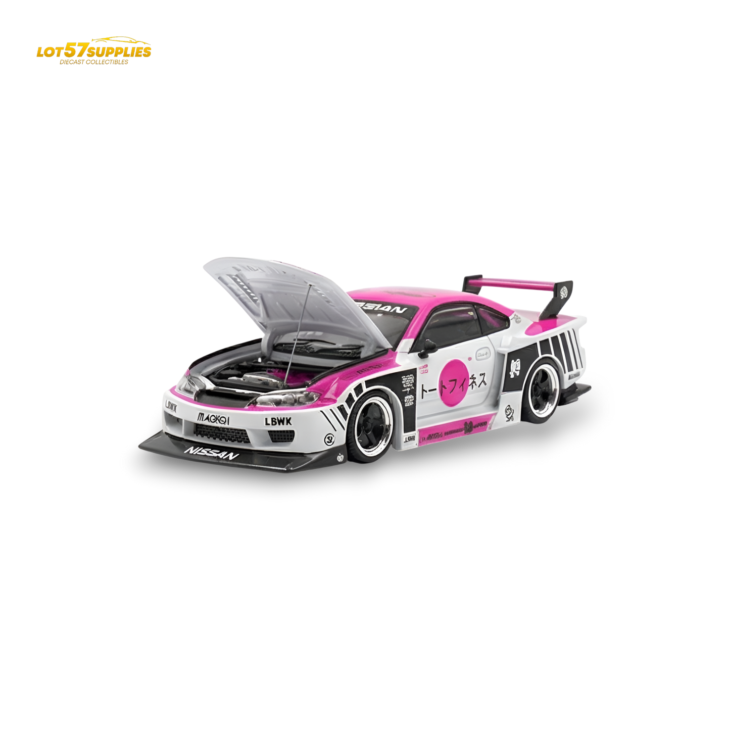 Pink and white Nissan TPC Silvia S15 LBWK diecast car in 1:64 scale, detailed model by Lot57Supplies Diecast Shop
