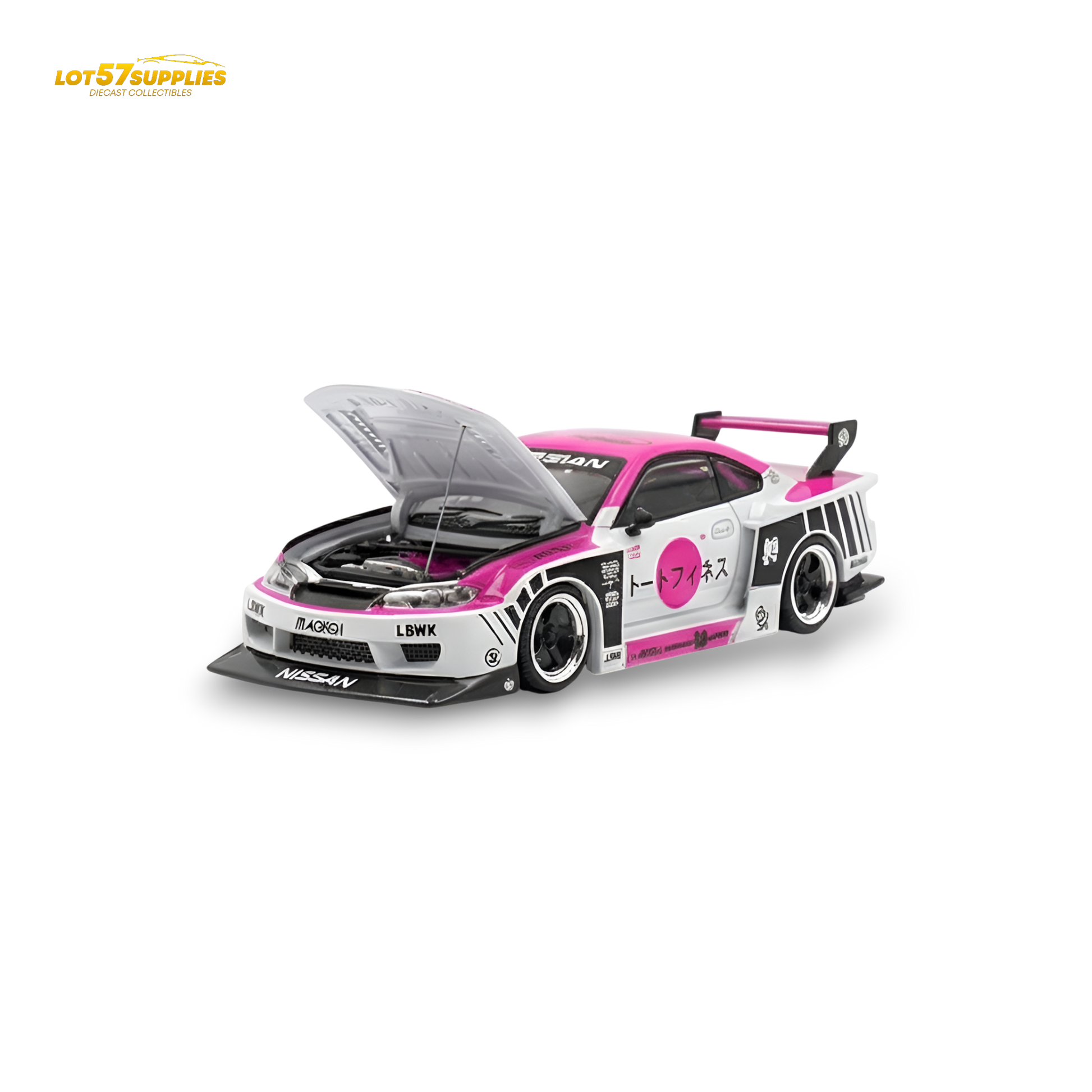 Pink and white Nissan TPC Silvia S15 LBWK diecast car in 1:64 scale, detailed model by Lot57Supplies Diecast Shop