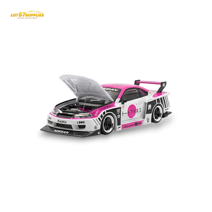 Pink and white Nissan TPC Silvia S15 LBWK diecast car in 1:64 scale, detailed model by Lot57Supplies Diecast Shop
