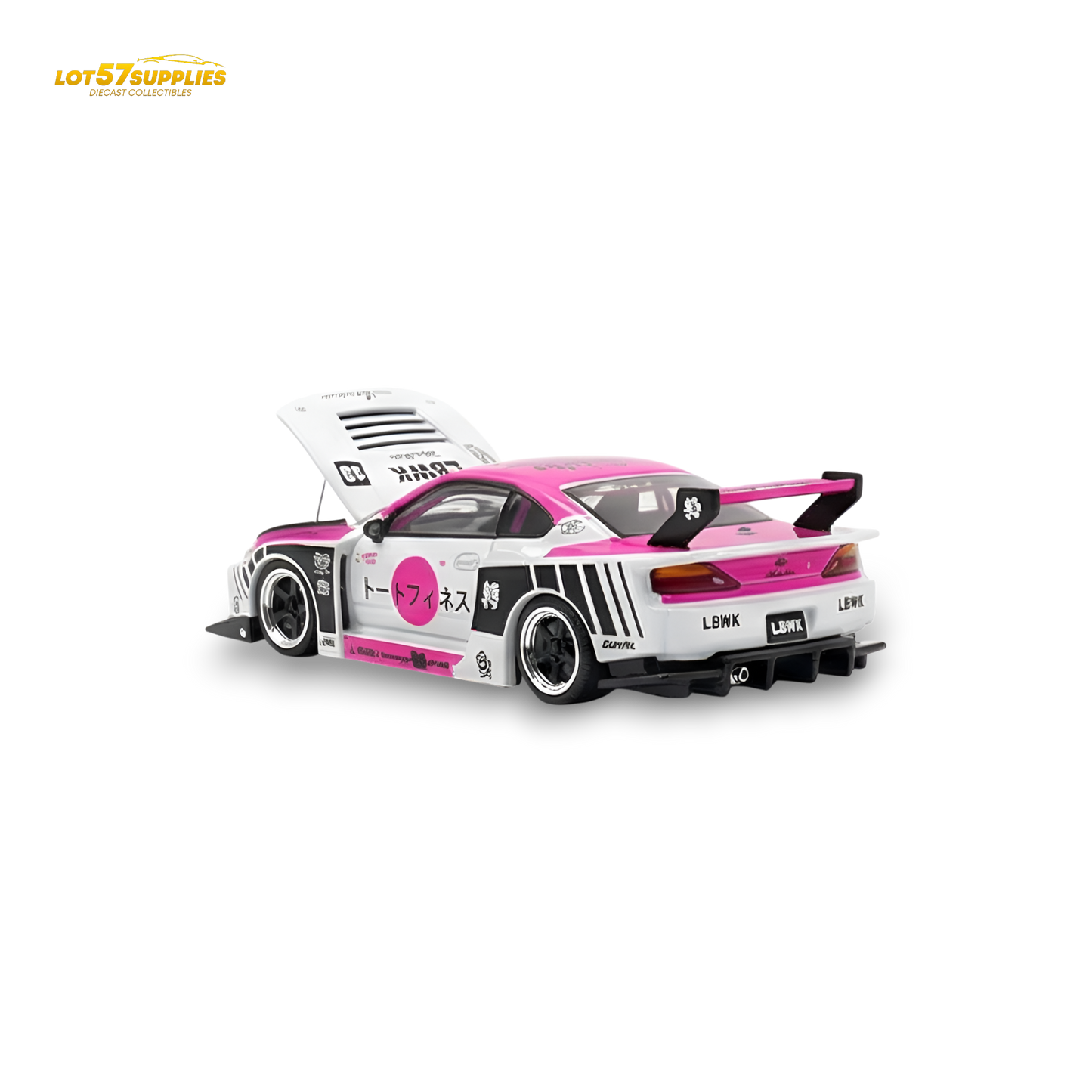 Pink and white Nissan TPC Silvia S15 LBWK diecast model in 1:64 scale, detailed interior and exterior, by Lot57Supplies Diecast Shop.