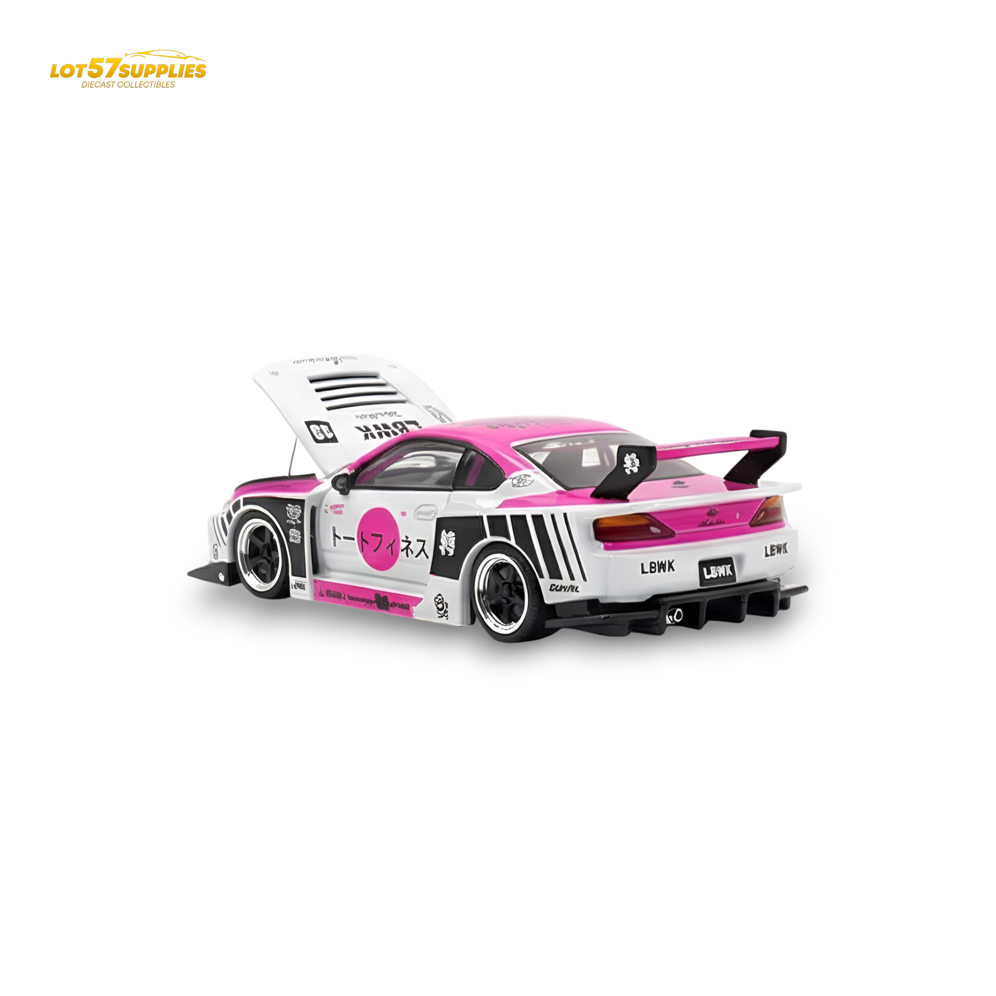 Pink and white Nissan TPC Silvia S15 LBWK diecast model in 1:64 scale, detailed interior and exterior, by Lot57Supplies Diecast Shop.