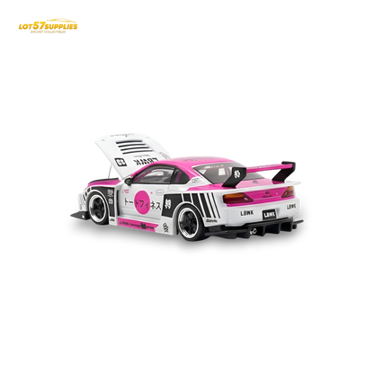 Pink and white Nissan TPC Silvia S15 LBWK diecast model in 1:64 scale, detailed interior and exterior, by Lot57Supplies Diecast Shop.
