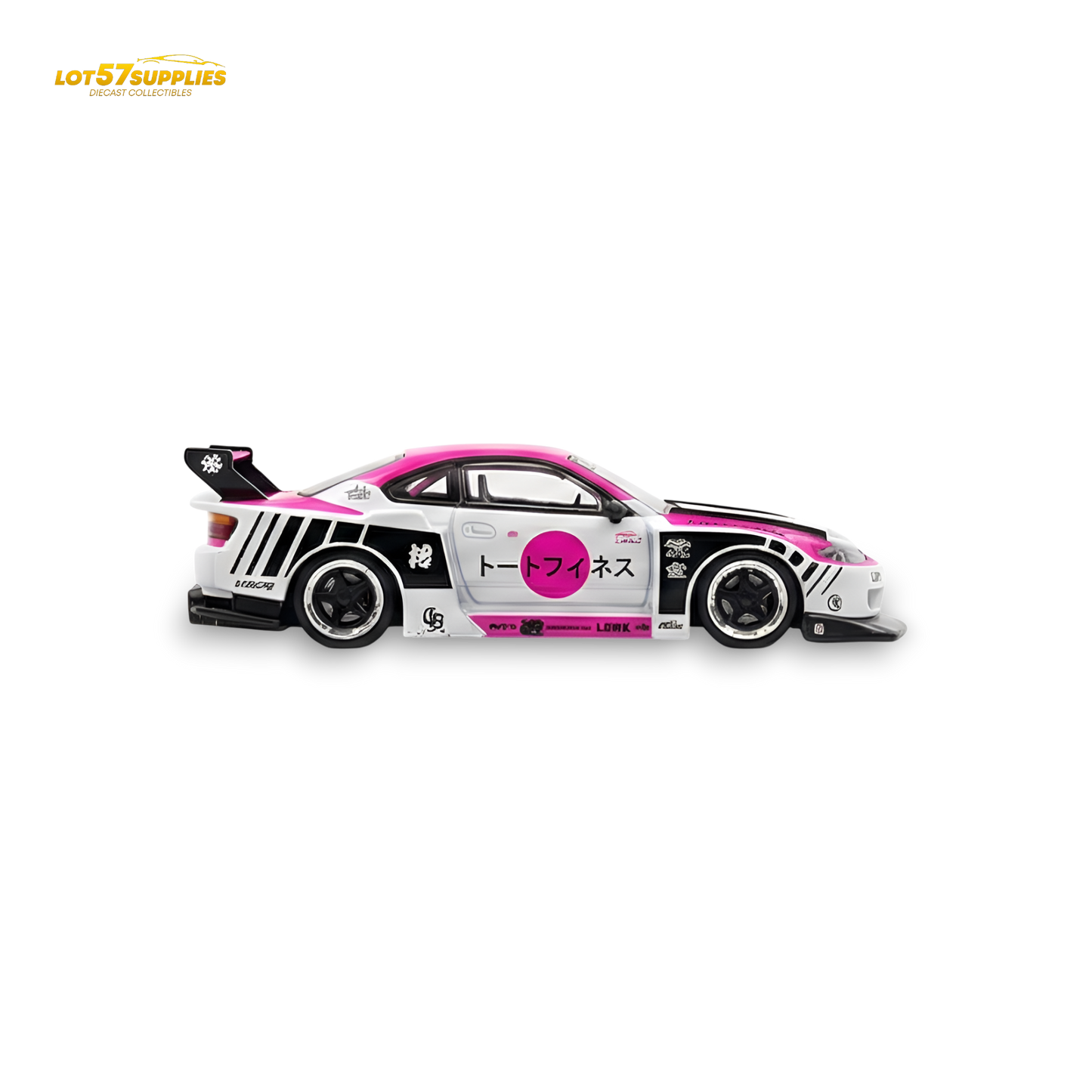 Pink and white TPC Silvia S15 LBWK diecast Nissan model in 1:64 scale, featuring detailed exterior design and branding.
