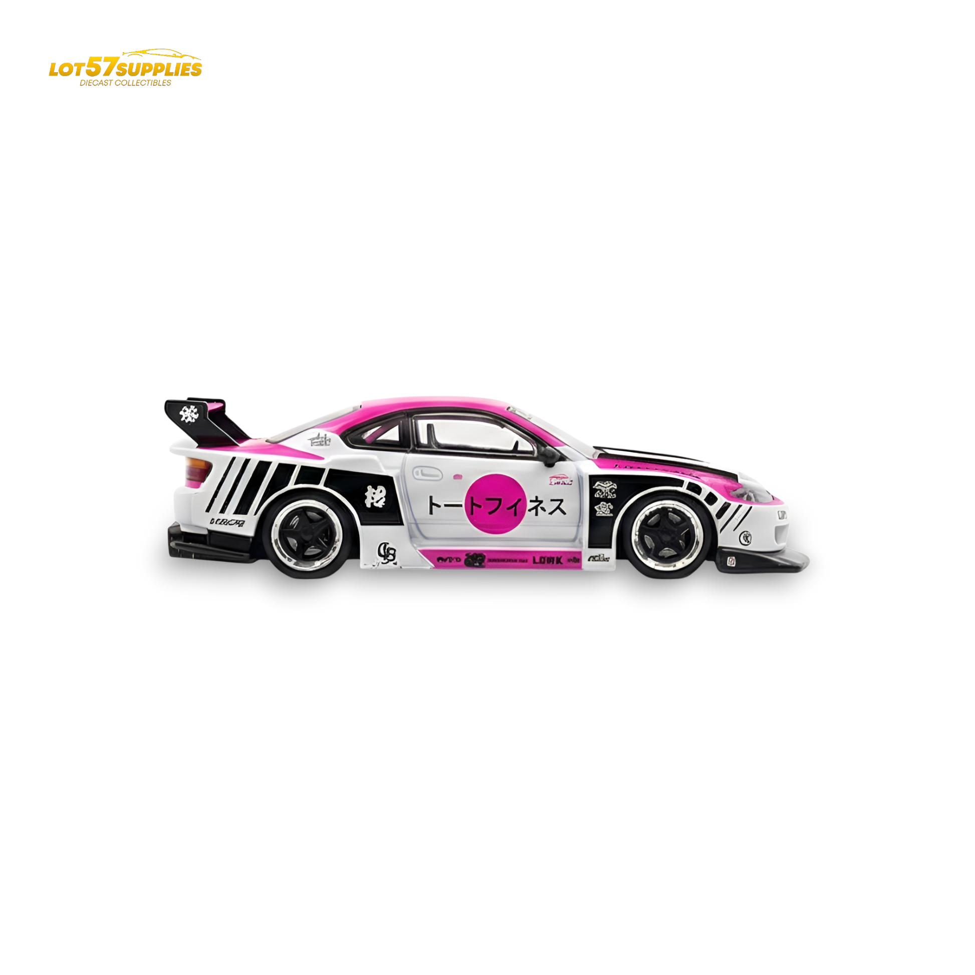 Pink and white TPC Silvia S15 LBWK diecast Nissan model in 1:64 scale, featuring detailed exterior design and branding.