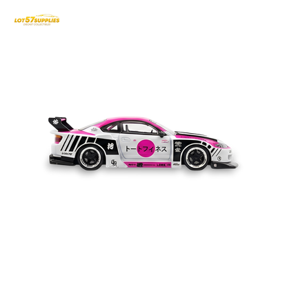 Pink and white TPC Silvia S15 LBWK diecast Nissan model in 1:64 scale, featuring detailed exterior design and branding.