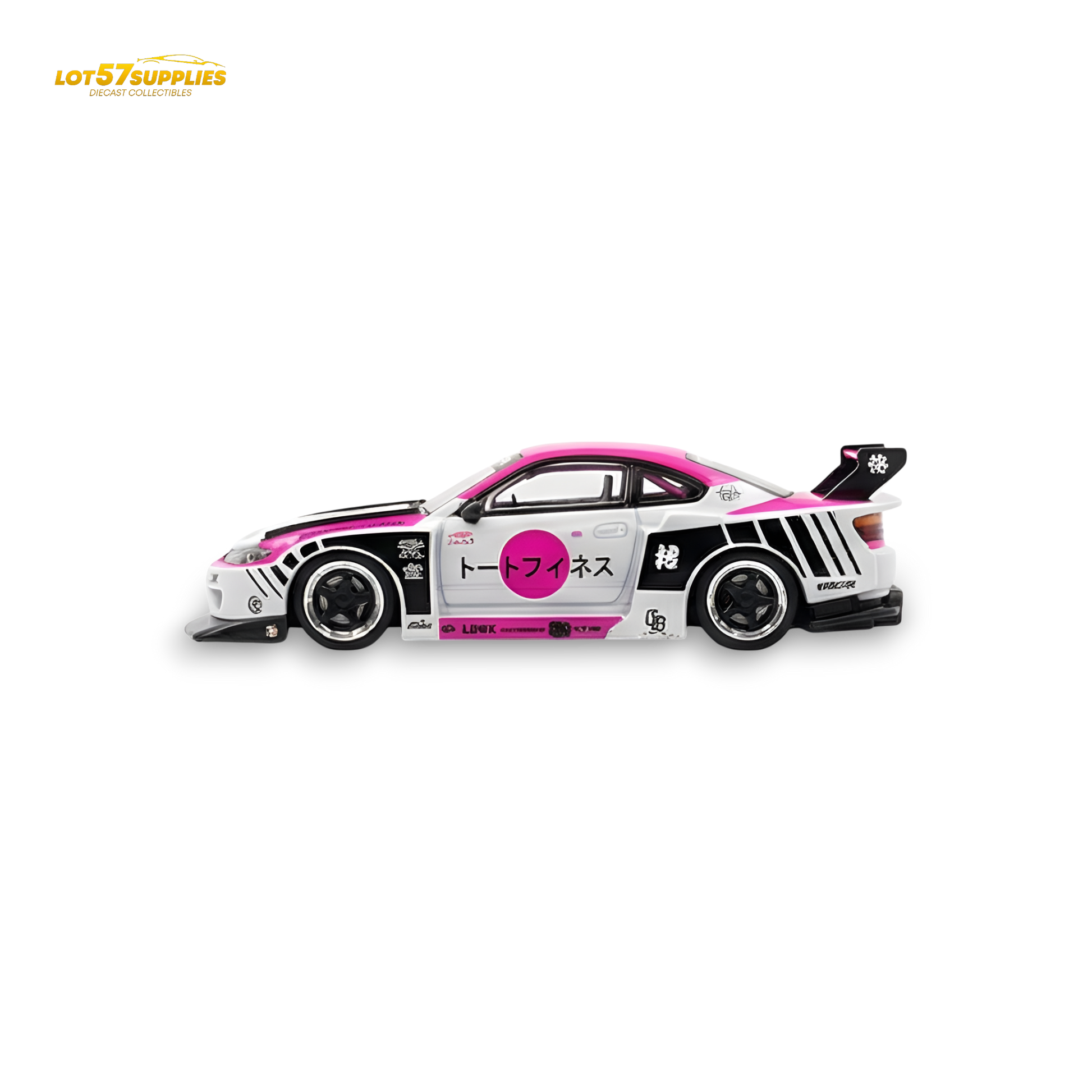 Pink and white TPC Silvia S15 LBWK Nissan diecast model car in 1:64 scale, featuring detailed design from Lot57Supplies Diecast Shop.