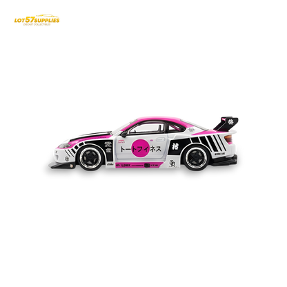 Pink and white TPC Silvia S15 LBWK Nissan diecast model car in 1:64 scale, featuring detailed design from Lot57Supplies Diecast Shop.
