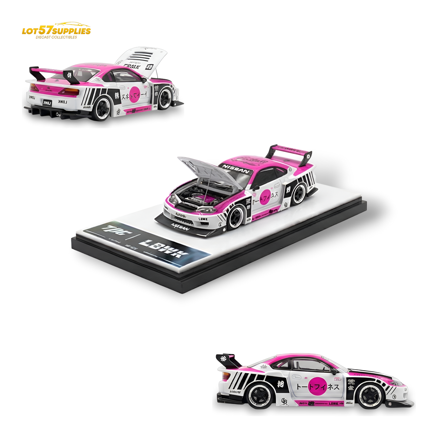 Pink and white Nissan TPC Silvia S15 LBWK diecast car in 1:64 scale, detailed model with sleek design and vibrant colors.