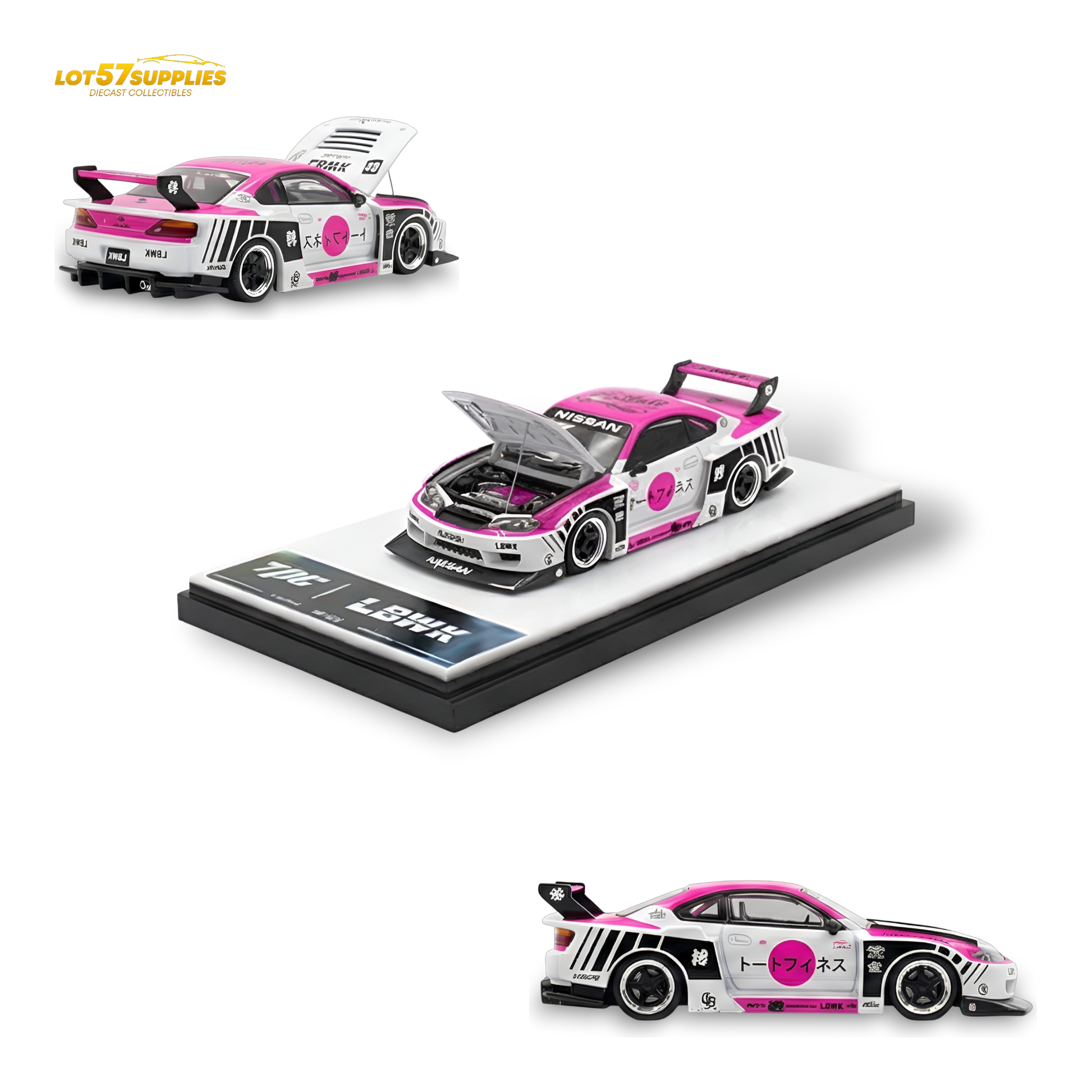 Pink and white Nissan TPC Silvia S15 LBWK diecast car in 1:64 scale, detailed model with sleek design and vibrant colors.