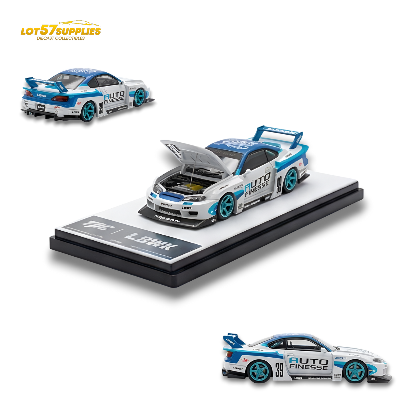 Nissan TPC Silvia S15 LBWK diecast model car in blue and white, 1:64 scale, detailed miniature collectible.