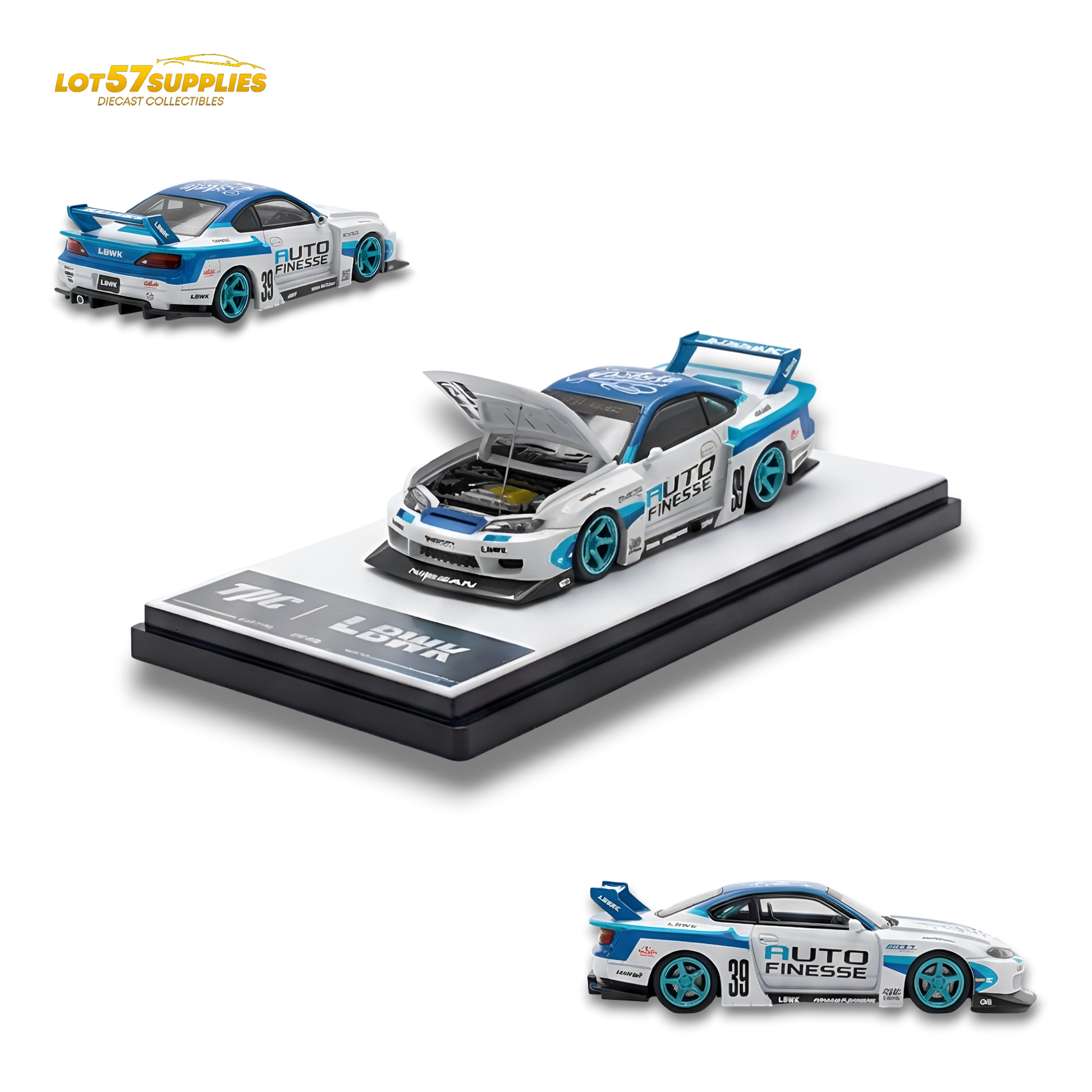 Nissan TPC Silvia S15 LBWK diecast model car in blue and white, 1:64 scale, detailed miniature collectible.