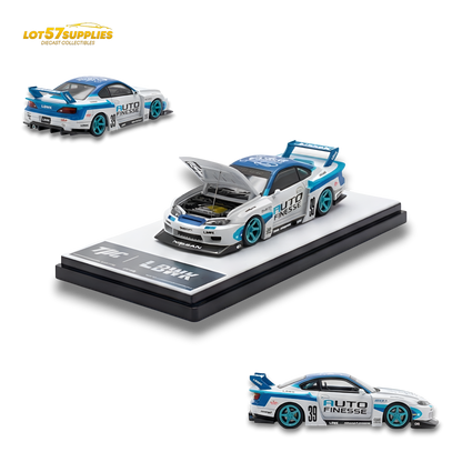 Nissan TPC Silvia S15 LBWK diecast model car in blue and white, 1:64 scale, detailed miniature collectible.